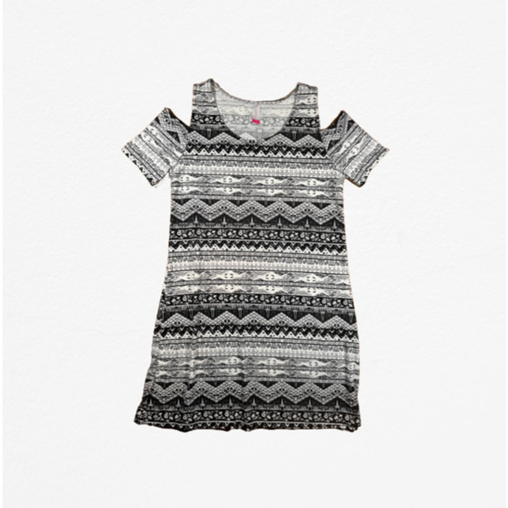 No Boundaries Black and White Tribal Aztec Geometric Cold Shoulder Dress
